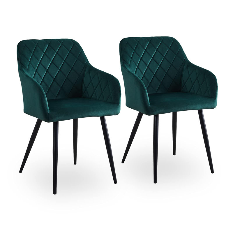 2 X Dining Chairs, Velvet Upholstered Seat Kitchen Chairs With Armrests, Black, Green