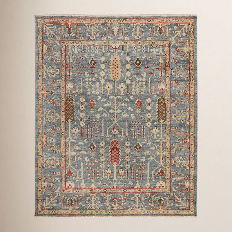 Tapis bleu / doré / rouge en laine noué à la main Brandonville, Rectangle 11 pi 6 po x 15 pi