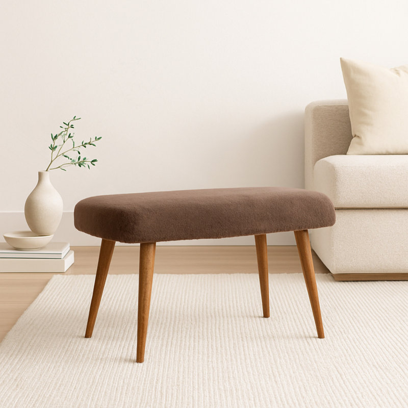 Banc en tissu de fausse fourrure en bois massif, rembourré, pieds nordiques, moka et brun