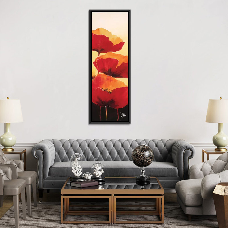 « three red popings i », impression sur toile, H 72 po x l 24 po x P 1,5 po, Toile avec cadre noir
