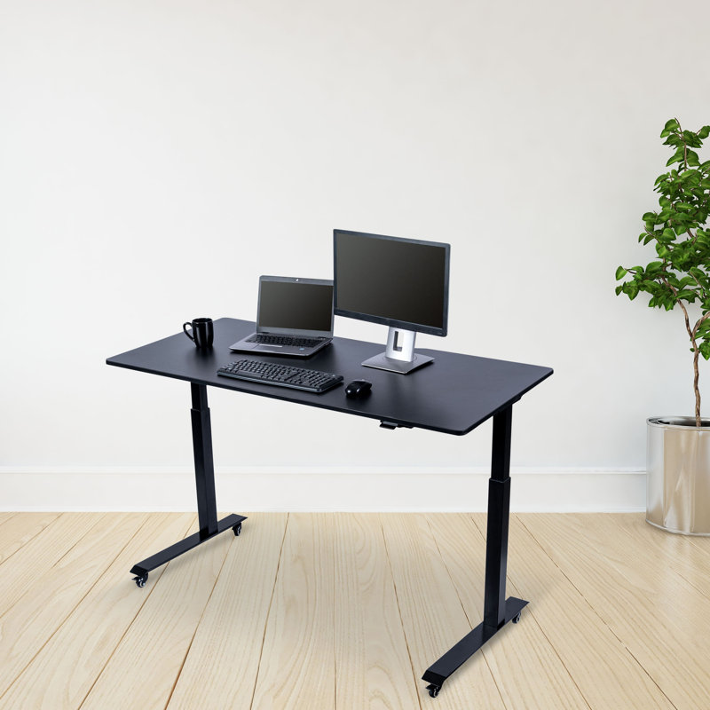 Black Adjustable Height Standing Desk with Wood Top and Drawer