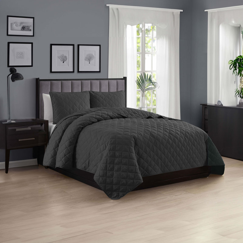 Ensemble de courtepointe en microfibre diamant réversible - Basics by Wayfair ™, Gris foncé
