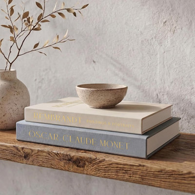 Decorative Faux Books Set Of 2, Aesthetic Coffee Table And Bookshelf Decor, Linen Covers With Gold Lettering, Hollow Keepsake Storage Boxes