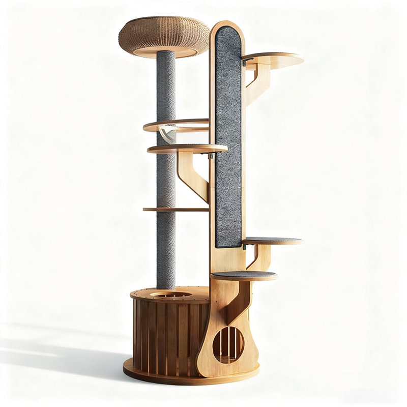 74.8-inch natural color full-length solid rubberwood cat climbing frame