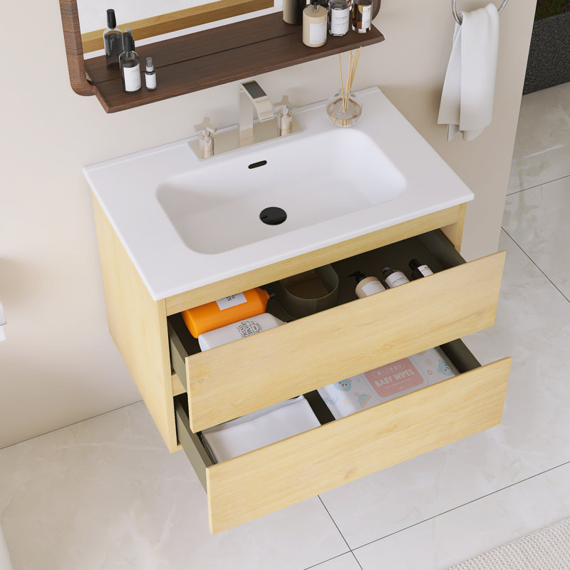 Meuble-lavabo mural simple avec comptoir intégré en céramique blanche, Chêne, 30"