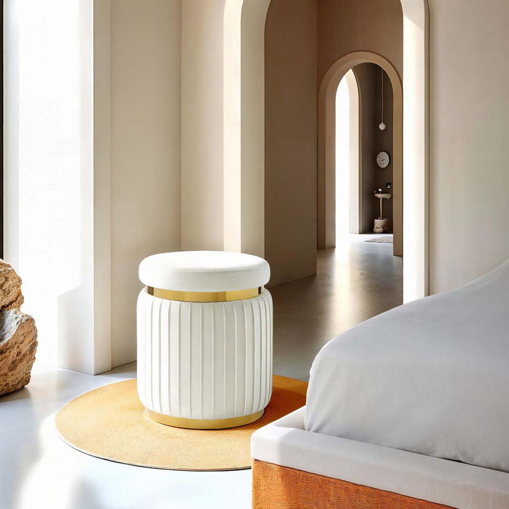 Mercer41 Round Accent Stool Stainless Steel Gold Trim Velvet Fabric ...