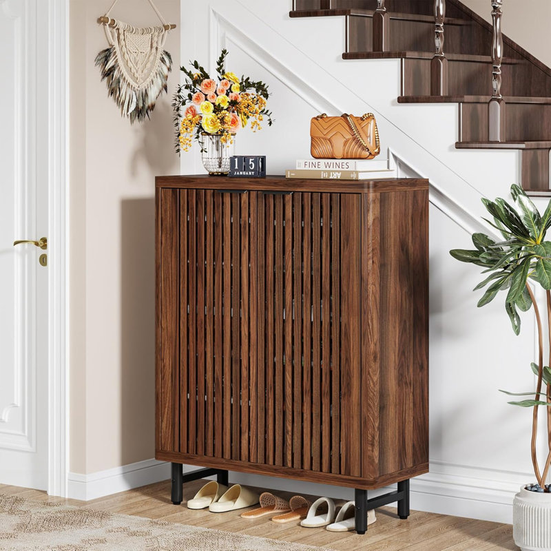 Armoire de rangement pour chaussures 24 paires en noyer avec portes persiennes, Brun