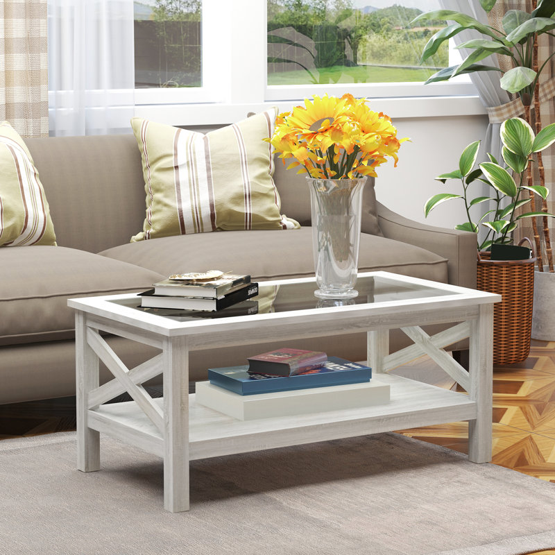 Table basse de salon, plateau en verre trempé avec rangement, 99,7 cm x 55,2 cm, chêne blanc, idéale pour la décoration intérieure