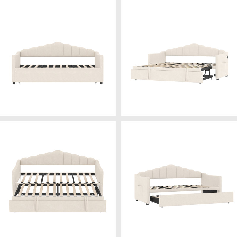 Twin Size Daybed With Storage 2 Drawers And Charging Station, Day Bed Frame With LED Lights And Storage Headboard, No Box-Spring Needed