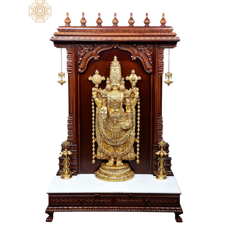 Très grande statue en laiton 74 po Tirupati Balaji avec cadre en bois de teck, lumières DEL, base en marbre et lampe de symbole Vaishnav