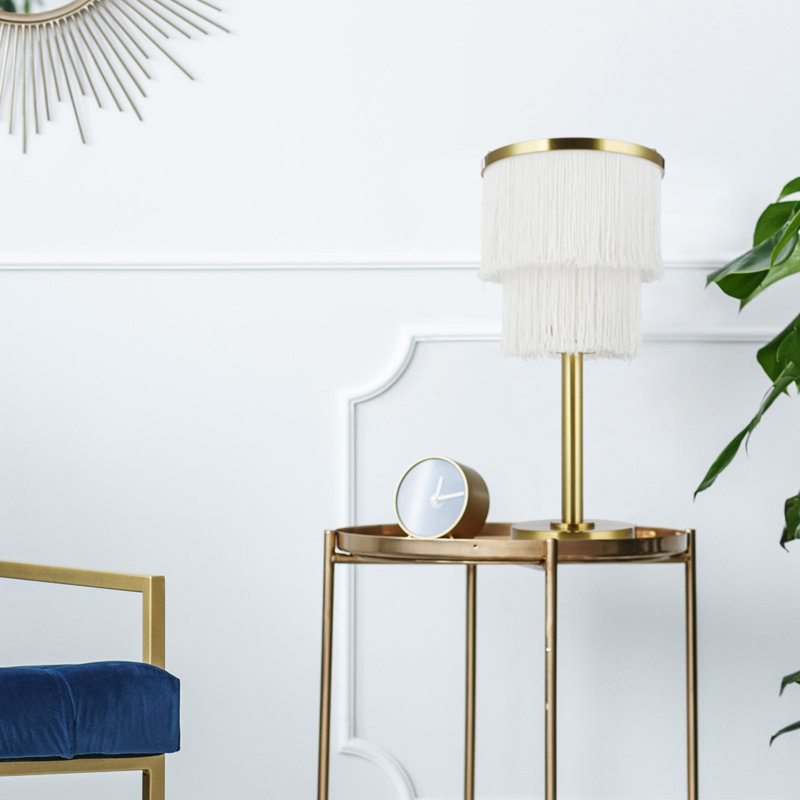 17.88"H Eparama Polished Metal Accent Lamp With Cream Fringe Shade