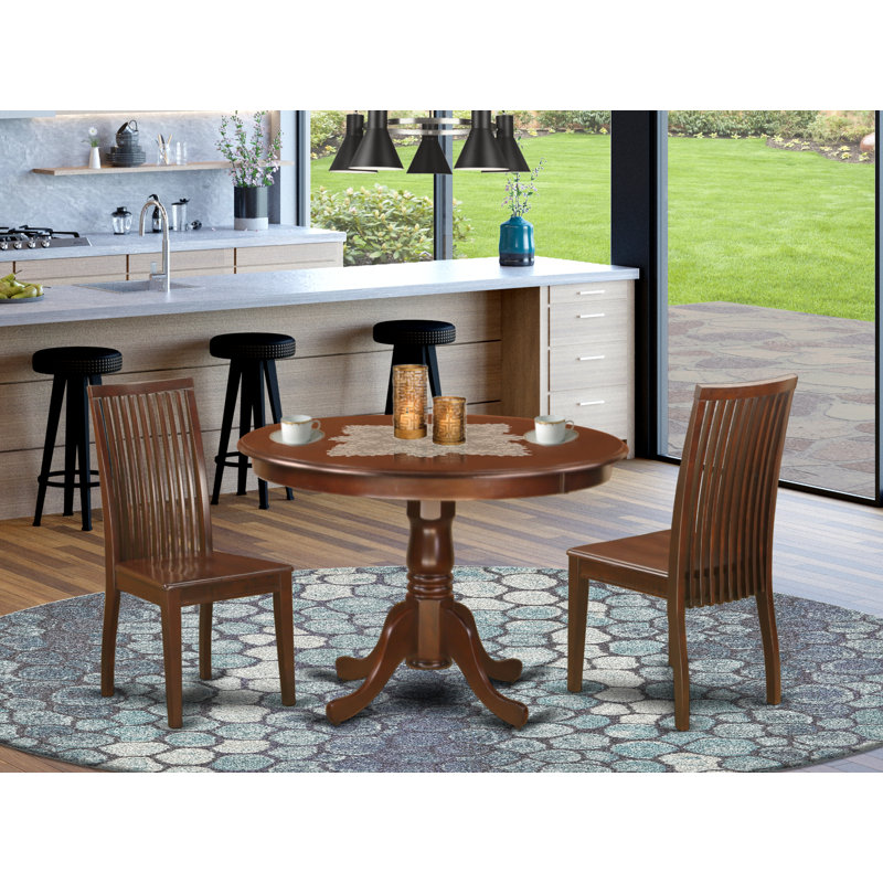 3 Piece Dining Set Contains a Round Dining Room Table with Pedestal and 2 Wood Seat Chairs, Mahogany, Mahogany
