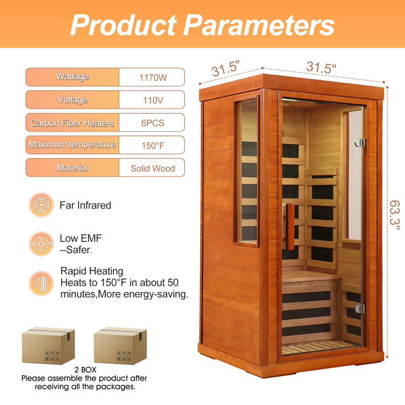 Sauna infrarouge Okoume Wood pour 1 personne avec chromothérapie 7 couleurs, système de contrôle de la température et ventilation