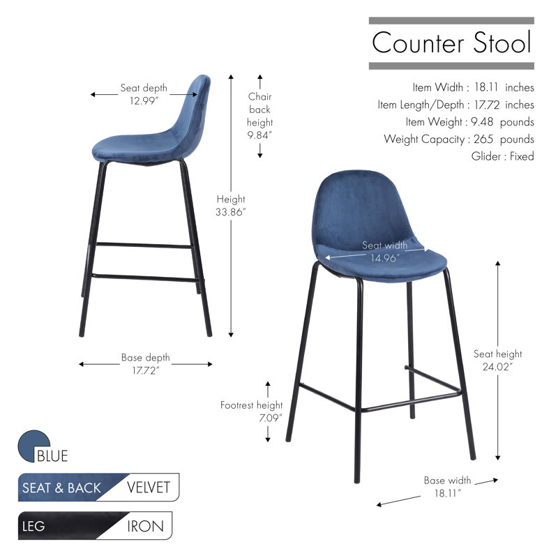 Lazio Velvet Bar Stool with Iron Legs, Blue, Counter Stool (24.02'' Seat Height )