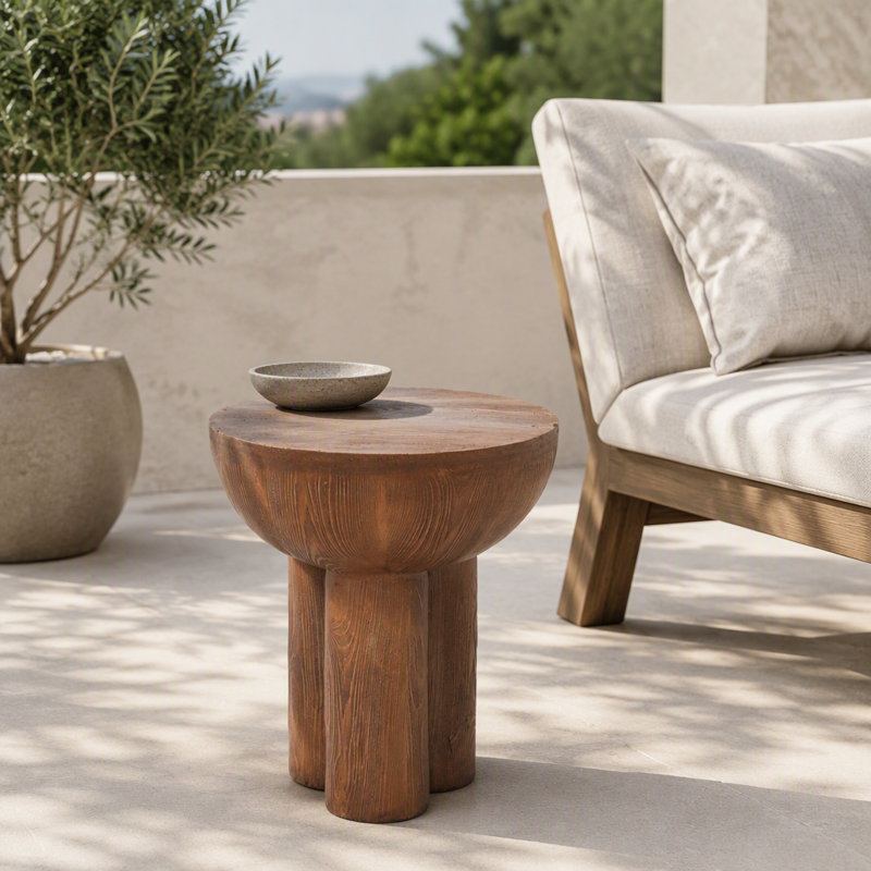 Table d'appoint ronde d'extérieur en MGO, table de chevet résistante aux intempéries en bois veiné avec 3 pieds cylindriques pour patio, balcon et salon