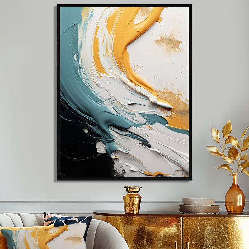 Éclaboussure jaune et une touche de bleu - art mural salon Vagues, Cadre flottant noir, H 20 po x l 12 po
