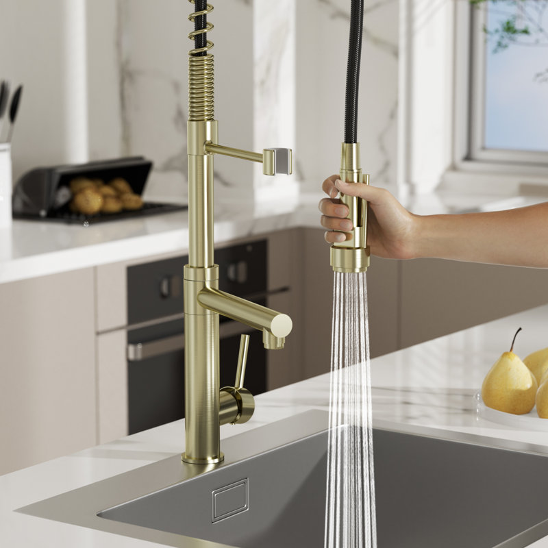 RoomTec Pull Down Kitchen Faucet with Soap Dispenser, Brushed Gold