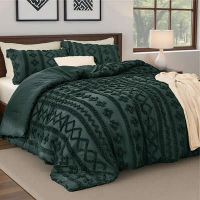 Ensemble d'édredon pour grand lit bohème 3 pièces - Literie vert foncé Shabby Bed Set