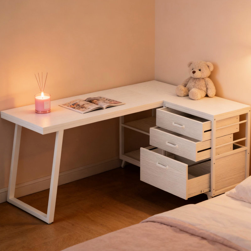 Bureau blanc multifonctionnel en forme de L pour la maison et le bureau. Peut servir de table d'ordinateur ou de table d'étude. Comprend 2 petits tiroirs, 1 grand tiroir et des tablettes ouvertes. Son assise en L réversible offre un espace de travail généreux.