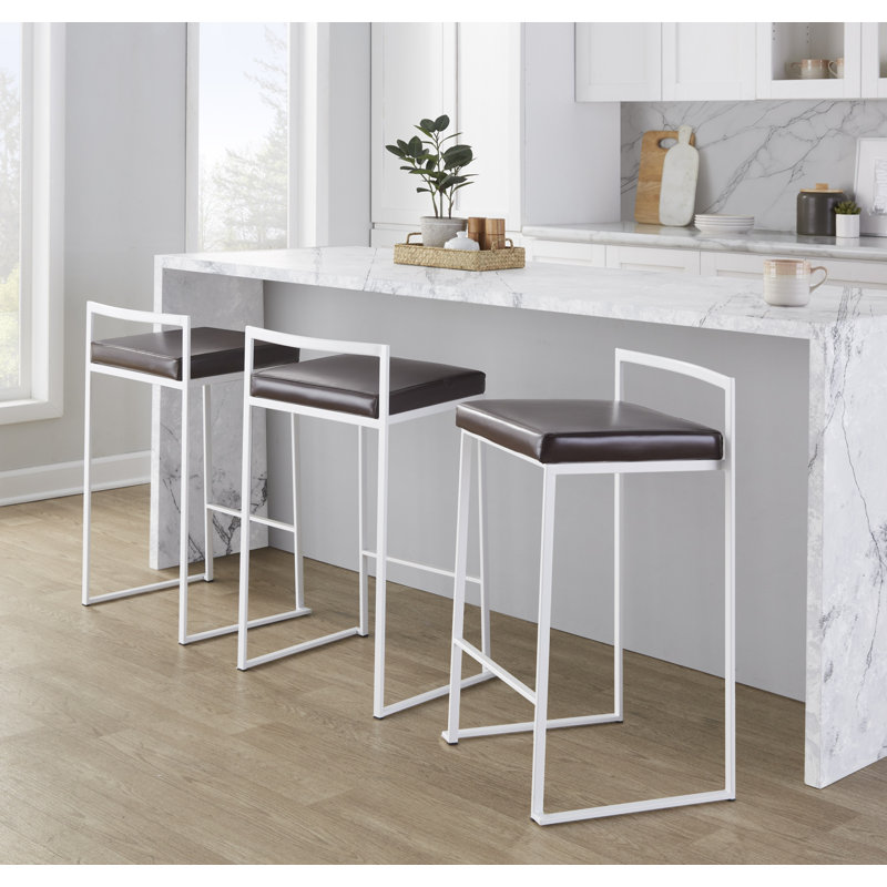 Tabouret de bar et de comptoir Ernestine, Blanc, Similicuir brun, Tabouret de comptoir (siège d'une hauteur de 27 p