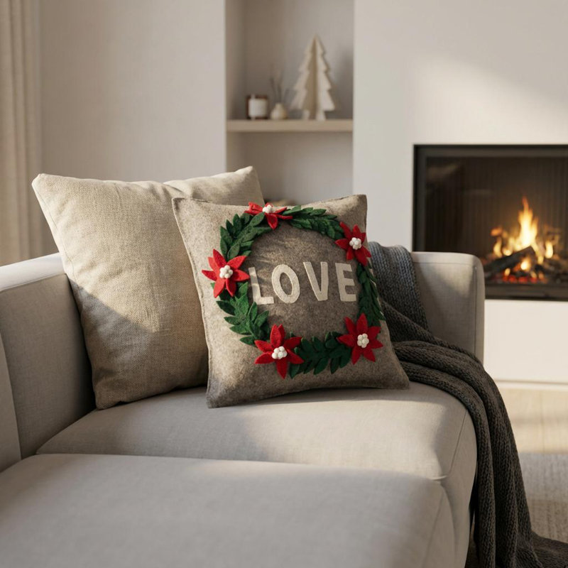 Handmade Pillow In Hand Felted Wool - Love Wreath On Grey - 20", Pillow Cover Only - No Insert