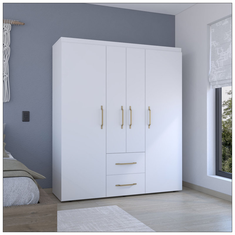 Armoire Bariloche, rangement multi-sections avec tringles de suspension, tablettes et 2 tiroirs, Blanc