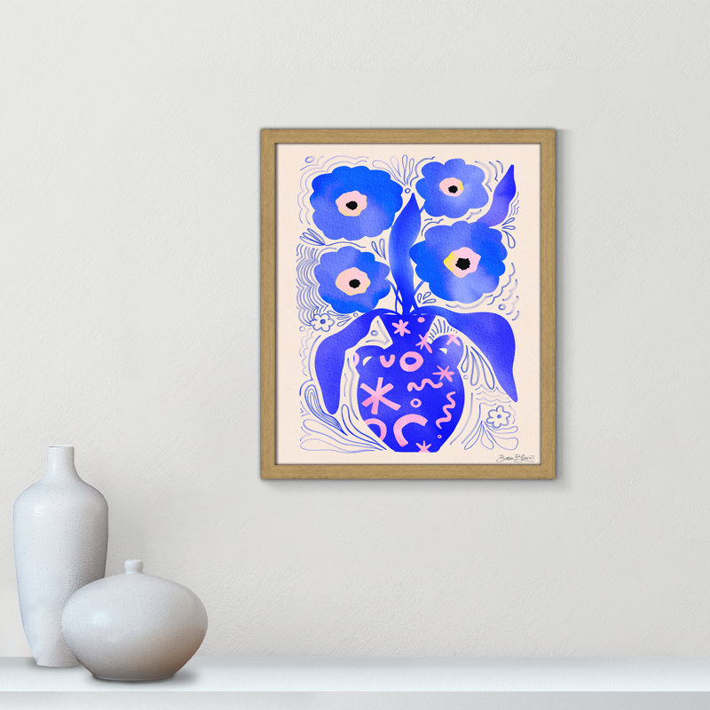 «Blue Flowers Matisse» par Bloom, Grain de bois naturel, 16'' W x 19'' H, Impression encadrée