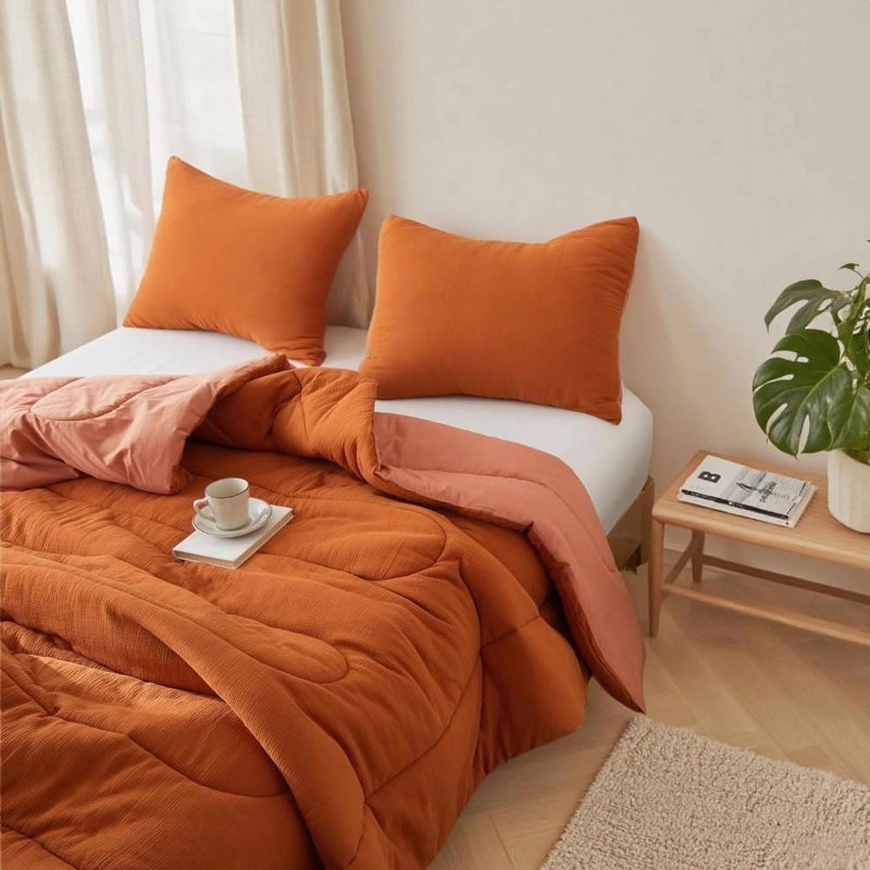 Ensemble d'édredon 100% coton mousseline, Édredon très grand + 2 taies décoratives très , Orange brûlé