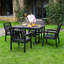 Ensemble repas extérieur pour terrasse, une table et quatre chaises, 4 places assises, style américain, résistant aux intempéries, avec de larges dossiers incurvés, idéal pour les jardins et les abords de piscine, facile à nettoyer à l'eau savonneuse.
