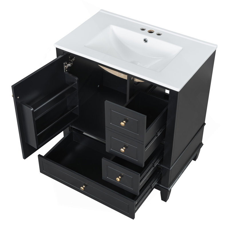 Meuble-lavabo 30 po avec lavabo, une porte avec tablette et trois tiroirs, porte à fermeture en douceur, Noir