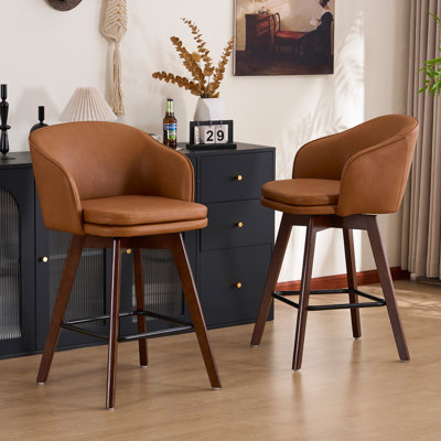 Tabourets de bar Allis de style Mid-Century en chenille moderne, tabourets de bar pivotants rembourrés avec pieds en bois, tabourets à hauteur de comptoir avec dossier à oreilles, repose-pieds, pour comptoir de bar pour îlot de cuisine, brun