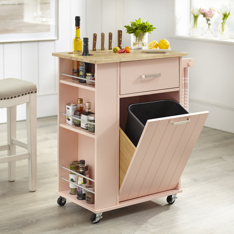 Audy Solid Wood Top Kitchen Cart, Blush Pink