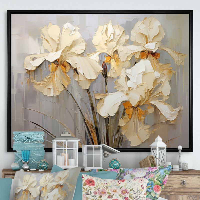 Golden Serenade of Irises sur toile, H 34 po x l 44 po x P 1,5 po, Cadre flottant noir