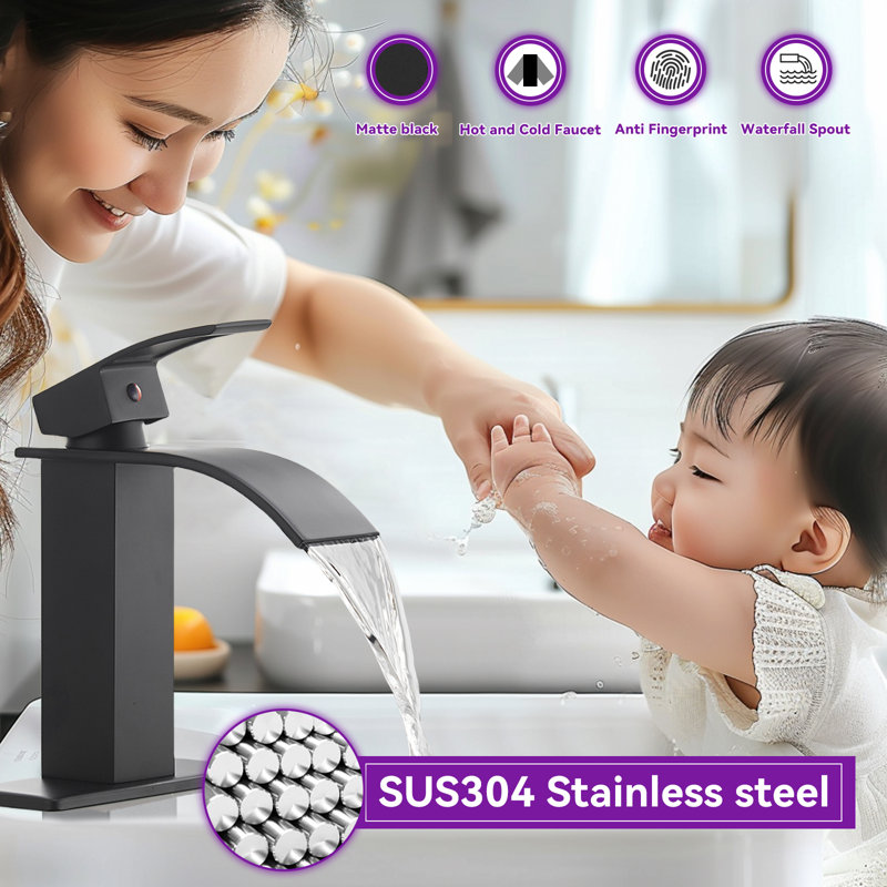 Bathroom Faucet Modern Waterfall Bathroom Sink Faucet with Single Handle Suitable for 1 or 3 Holes,Supply Deck Plate and Hose
