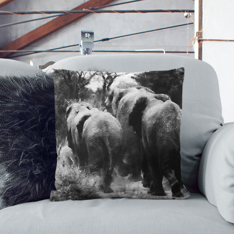 Herd Of Elephants Painting Square Throw Cushion, Black, 40cm H x 40cm W x 15cm D