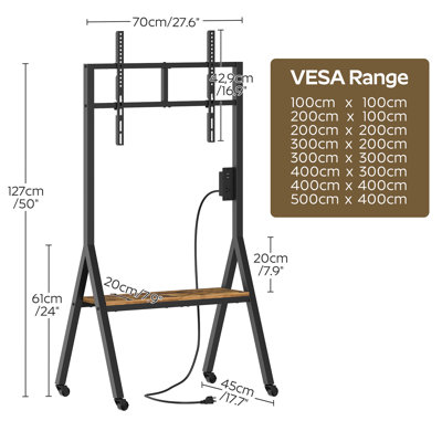 Mobile Rolling TV Stand Media Console with Charging Station, Mobile TV Mount with Storage Shelf