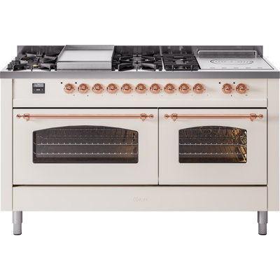 ILVE Nostalgie II Series 60 inch Dual Fuel Range with 5 Sealed Burners, Griddle, Frenchtop (Glass Door)