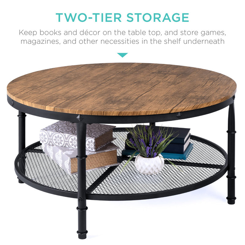 Brown Round Wood and Metal 2-Tier Coffee Table