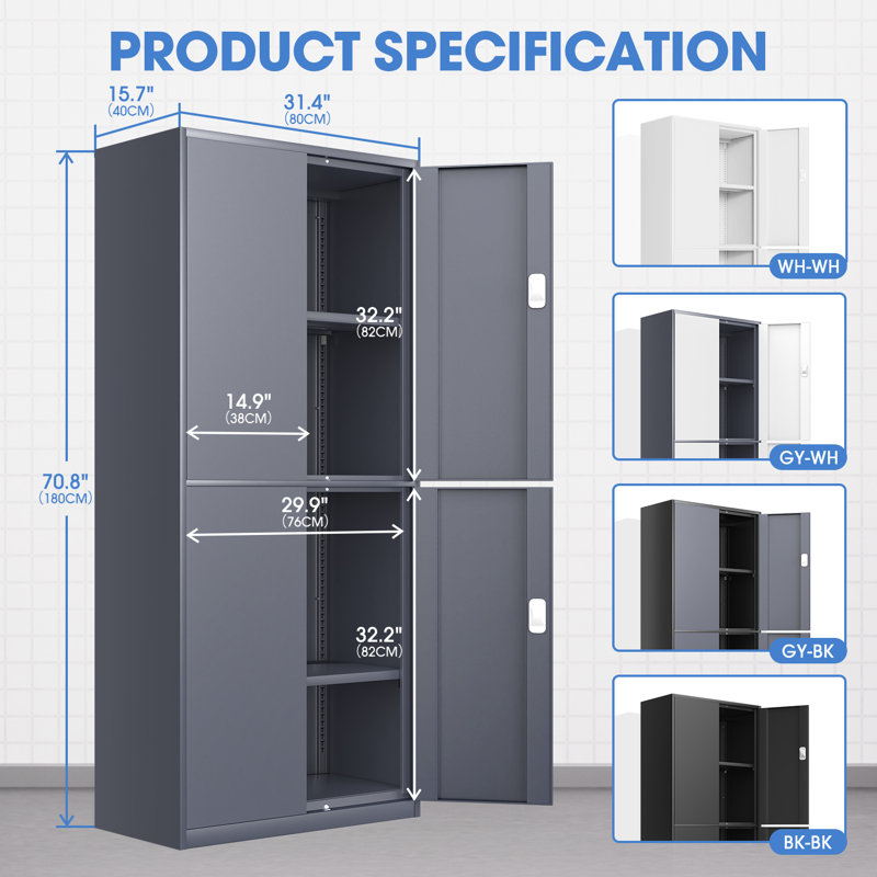 71" Lockable Heavy Duty Metal Storage Tool Cabinet W/ 2 Adjustable Shelves, Gray