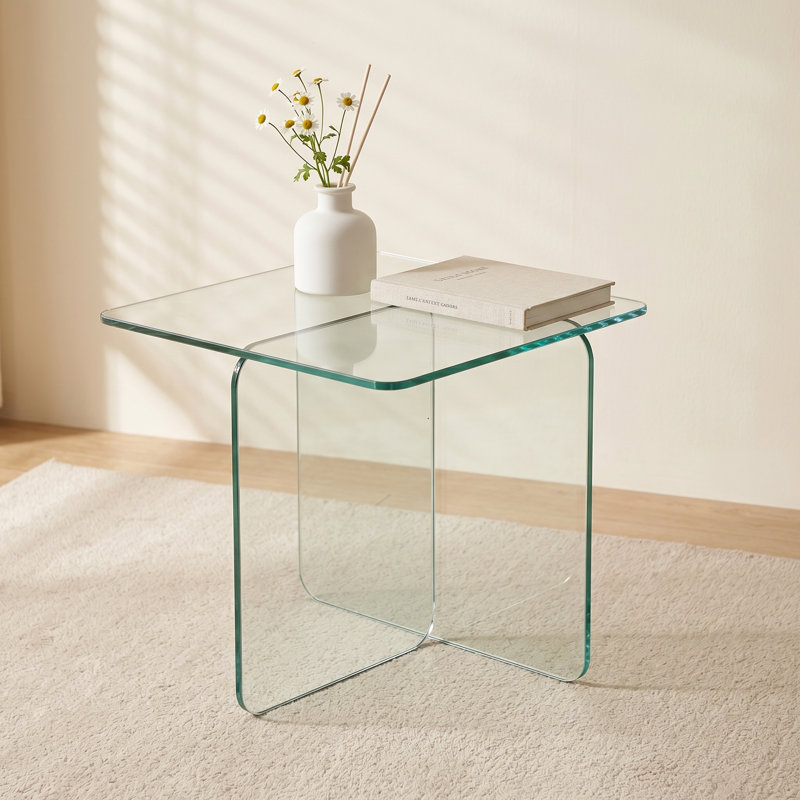 Modern Square Tempered Glass Side Table, Minimalist End Table with Cross Glass Base, Clear
