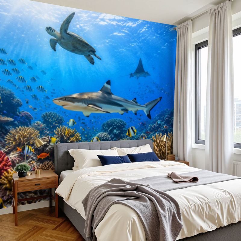 Peler et coller le papier peint mural de paysage de récif corallien sous l'eau, art mural auto-adhésif et amovible