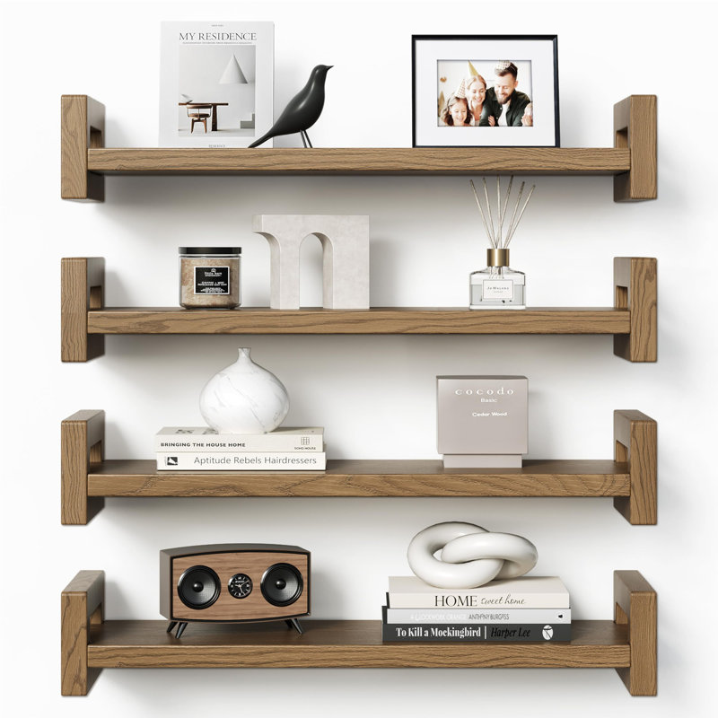 4 Pack 16 Inch Solid Wood Floating Shelves, 50Lb Capacity Rustic Walnut Display Shelves With Steel Brackets, Natural Pine Wall Mounted Shelves For Living Room Bedroom Kitchen