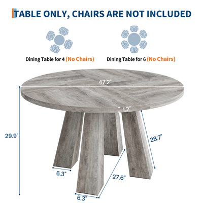 Round Dining Room Table for 4-6, 47" Wood Kitchen Table with Sturdy Base, Farmhouse Circle Dinner Table for Living Room, Apartment, 4 Strong Legs, Only Table, Gray