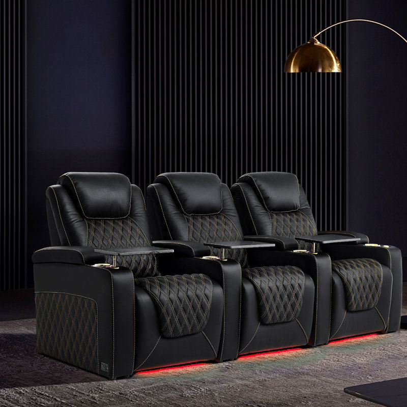 Home Theater Seating 7 Color Ambient Lighting Row Of 3, Black Genuine Leather