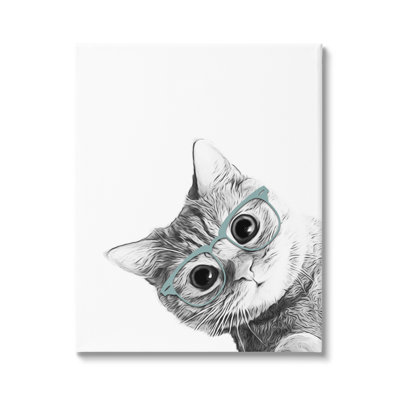 Monochrome Cat Kitten Peeking Glasses Portrait XXL Stretched Canvas Wall Art by Annalisa Latella