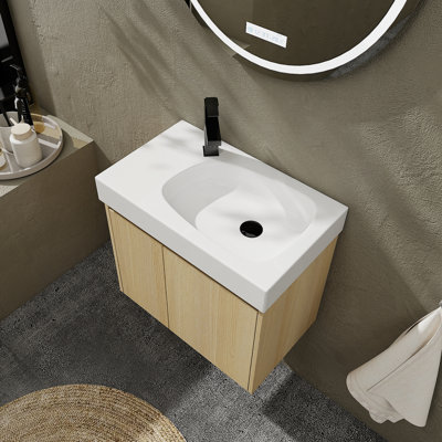 Meuble-lavabo 24 po avec lavabo en céramique, meuble-lavabo mural flottant, armoire de rangement en bois avec portes doubles pour la salle de bain, chêne