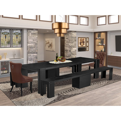 Ensemble de table de salle à manger 5 pièces, une table de cuisine rectangulaire, 2 bancs en bois et 2 chaises de salle à manger en tissu polyester bourgogne, finition noire brossée.