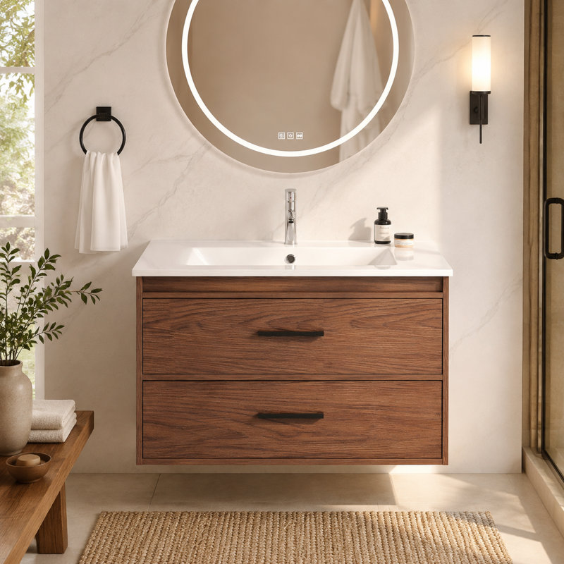 Meuble-lavabo mural, tiroir à fermeture en douceur