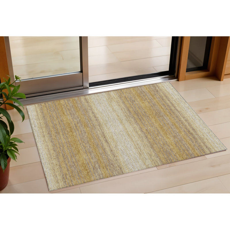 3' X 5' Gold And Beige Striped Washable Indoor Outdoor Area Rug