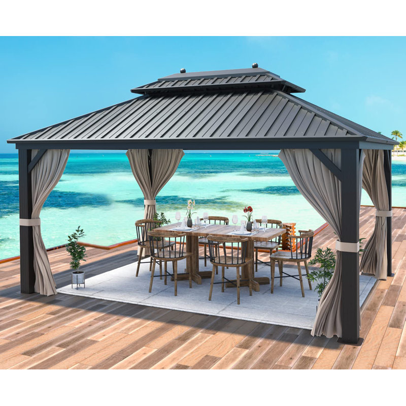 10'x13' Hardtop Gazebo With Galvanized Steel Roof & Aluminum Frame, Double-layer Canopy With Netting & Curtains, Permanent Outdoor Pavilion For Patio And Backyard, Brown